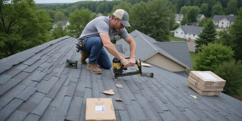 Asphalt shingle roofing installation on an Ohio residential home showing a roofing crew at work