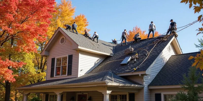 Beautiful fall day in Ohio showing a roofing crew installing a new roof with colorful autumn trees in the background