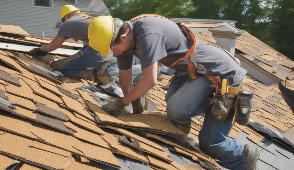 Ohio roofing crew performing tear-off showing removed shingles and exposed decking