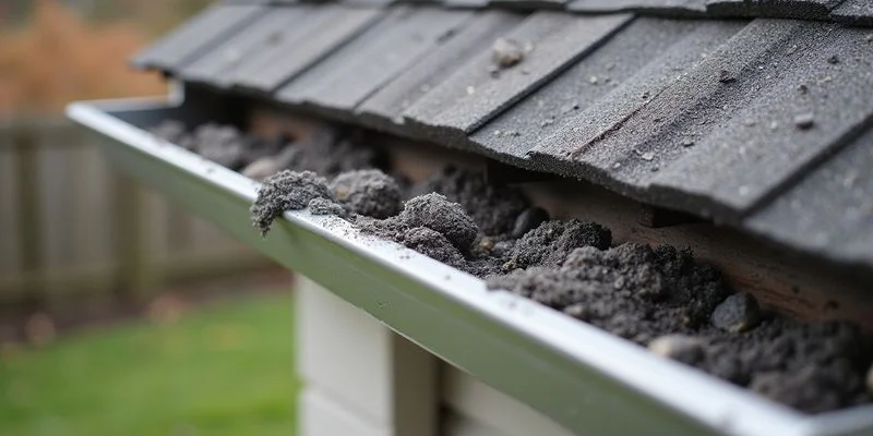 Roof gutters filled with granules from deteriorating asphalt shingles indicating the roof needs replacement