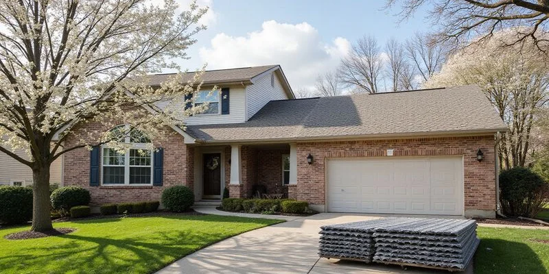 Spring weather in Ohio with a residential home ready for roof replacement showing mild temperatures and green landscape