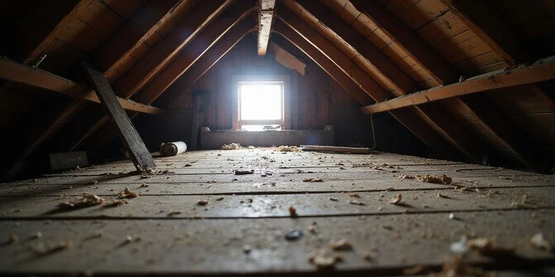View from inside an attic showing daylight streaming through gaps in the roof boards indicating serious roof damage